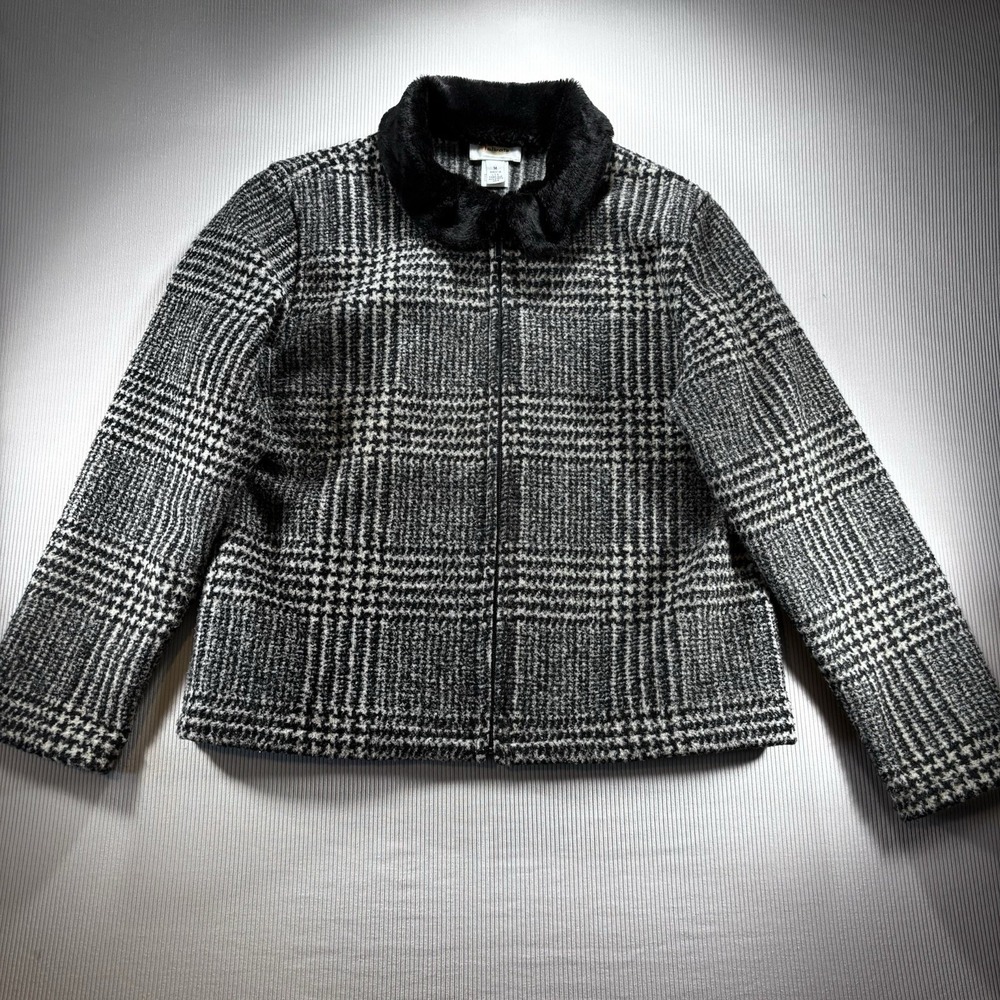 VTG Talbots Houndstooth Full Zip Jacket‎ W/ Faux Fur Collar M Black/ White